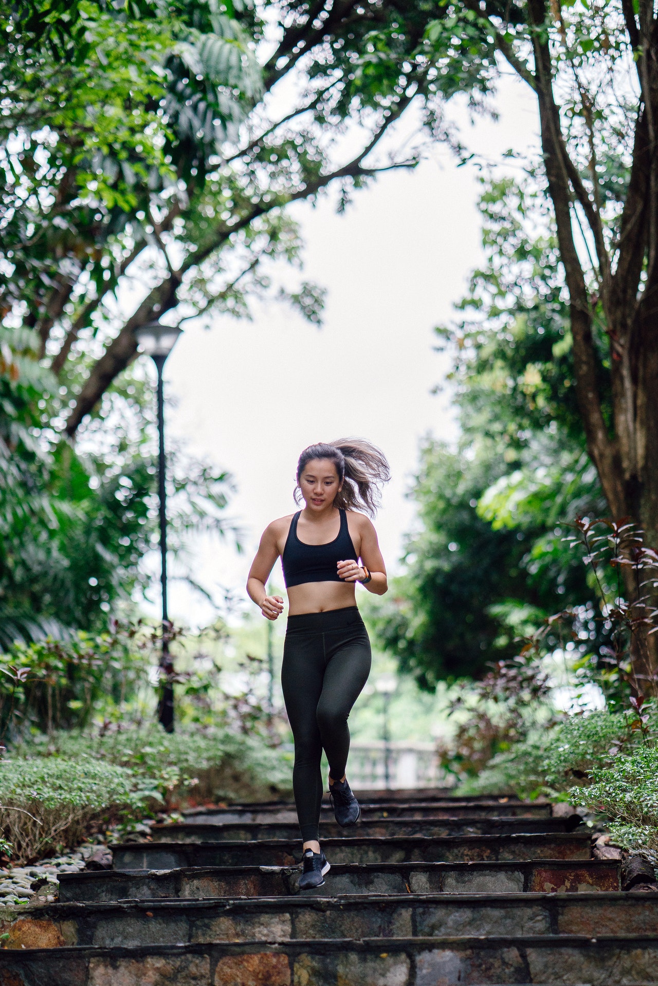 Girls doing excercise running down stairs